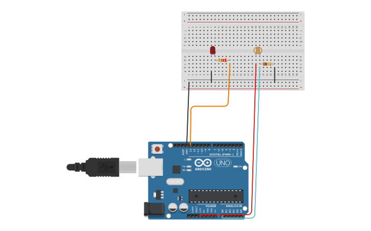 Circuit design UniPi 1 - PhotoResistor and Led - Tinkercad