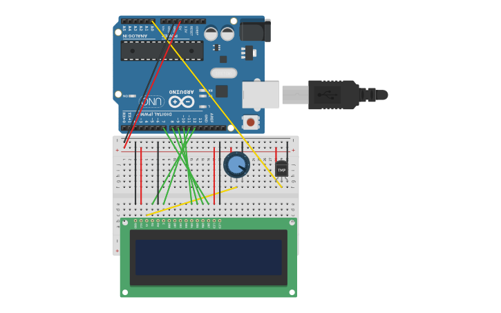 Circuit design Sensor de temperatura con Display 16x2 - Tinkercad