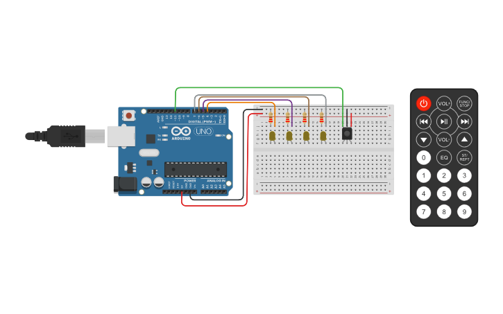 Circuit design IR turning on 4 leds - Tinkercad