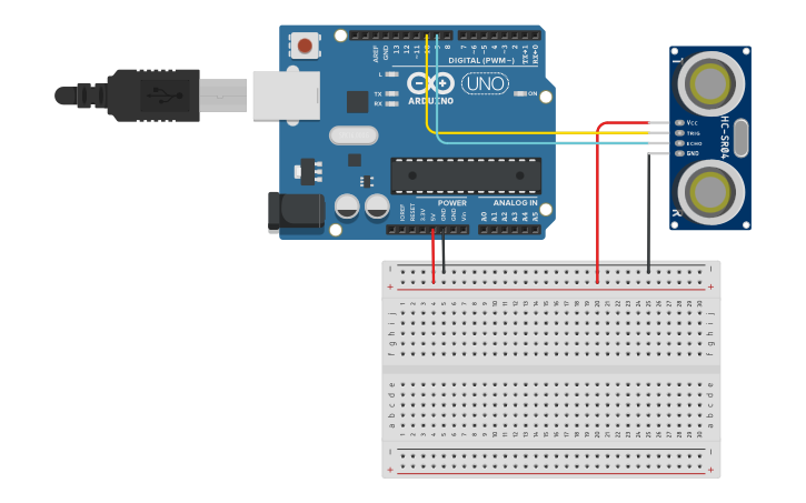 Circuit design sensor distancia - Tinkercad