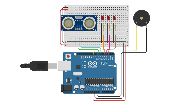 Circuit design Buzzer with Ultrasonic distance sensor - Tinkercad
