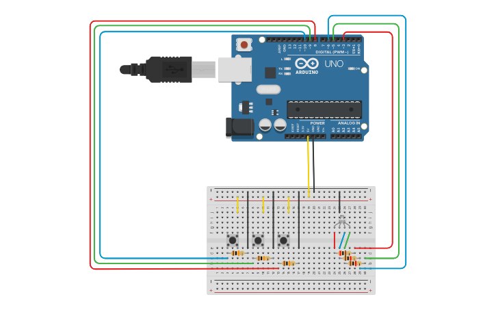 Circuit design LED RGB con pulsadores - Tinkercad