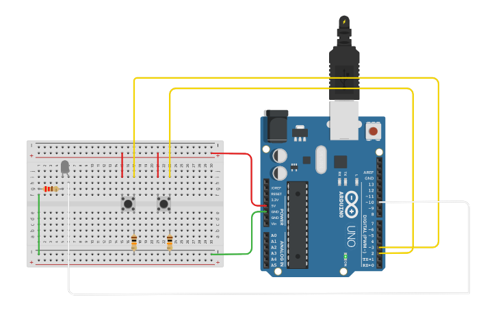 Circuit design 1 led / 2 botões - Tinkercad