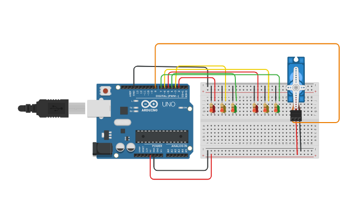 Circuit design Led + servo - Tinkercad