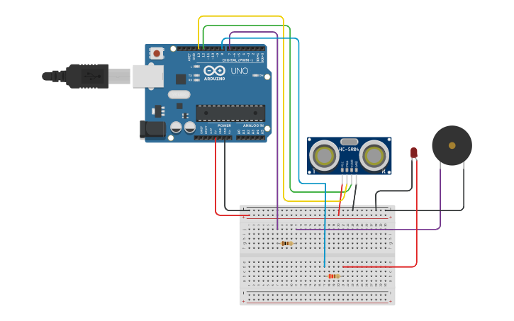 Circuit design Distance Sensor With Buzzer Alarm - Tinkercad