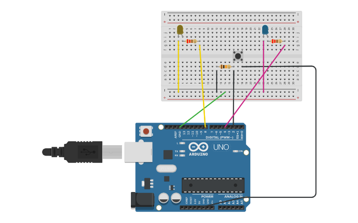 Circuit design 2 leds with 1 buttonswitch - Tinkercad