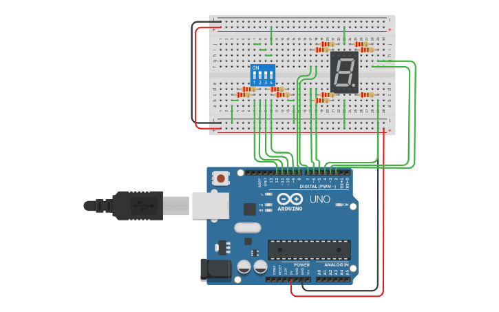 Circuit design Arduino 7 segmentos - Tinkercad