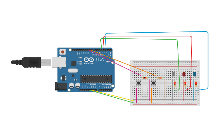 Circuit design Encendido y Apagado con dos pulsadores - Tinkercad
