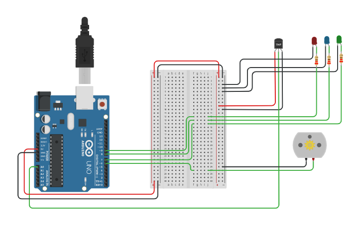 Circuit design Arduino Temp Sensor + LED + DC Motor - Tinkercad