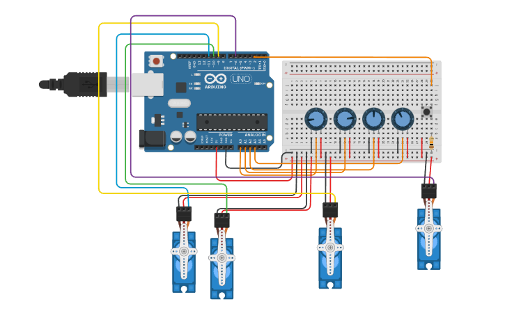 Circuit design 4 Potentiometer Servo Motor - Tinkercad