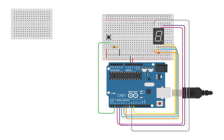 Circuit design Display 7 segmentos y pulsador - Tinkercad
