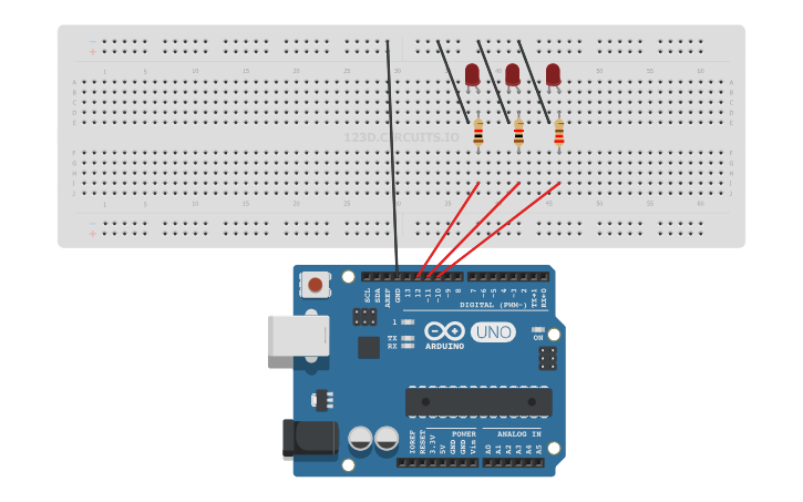 Circuit design 3 LED light - Tinkercad