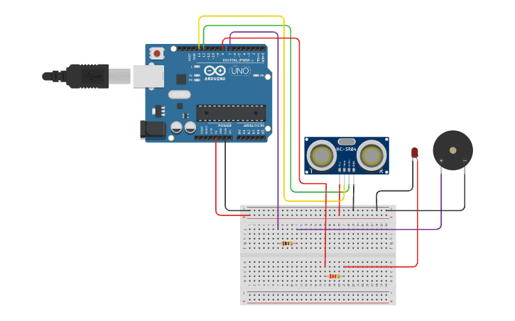 Circuit design IM410 - Distance Sensor With Buzzer Alarm - Tinkercad