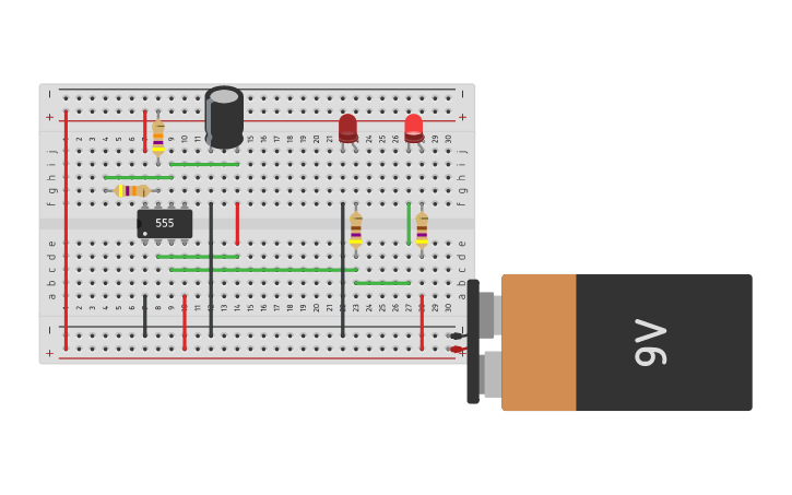 Circuit design Alternate blinking LEDS using 555 timer - Tinkercad