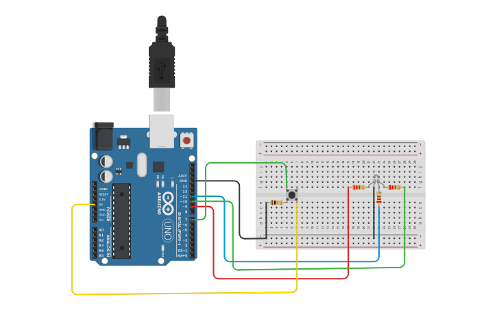 Circuit design Interface RGB LED and Button with Arduino - Tinkercad