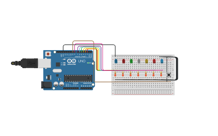 Circuit design 7 leds y boton para cambiar patron - Tinkercad