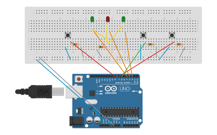 Circuit design 3 pulsadores y 3 led - Tinkercad