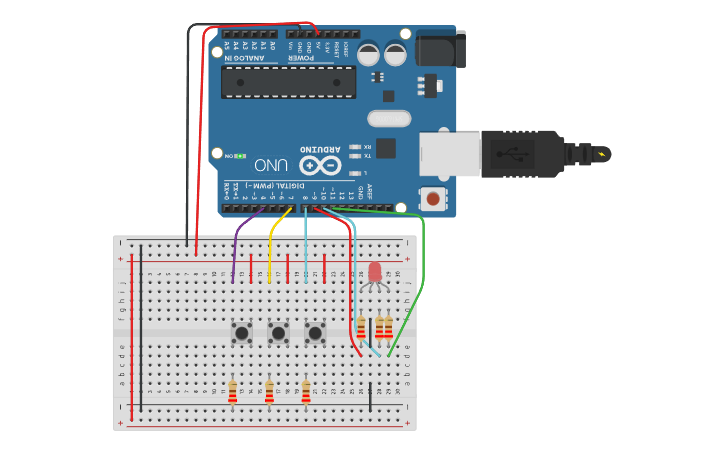 Circuit design 3 botones con led RGB - Tinkercad