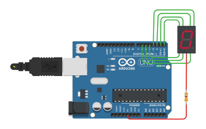Circuit design 7-segment LED - Tinkercad