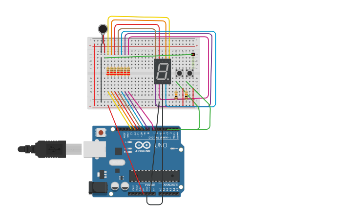 Circuit design Led 7 segmentos con pulsadores - Tinkercad