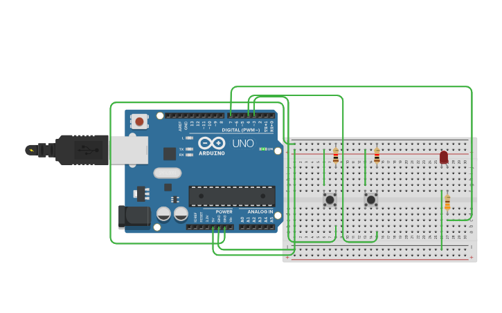 Circuit design 2 button single led on/off control - Tinkercad