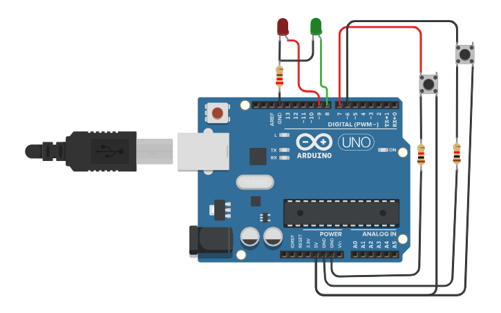 Circuit design 2 LEDs and 1 Pushbutton Control Arduino - Tinkercad