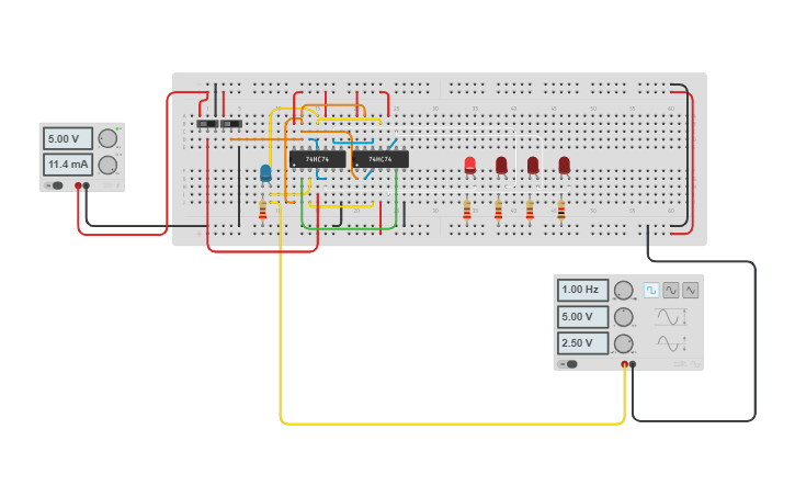 Circuit design 4 bit Johnson counter - Tinkercad