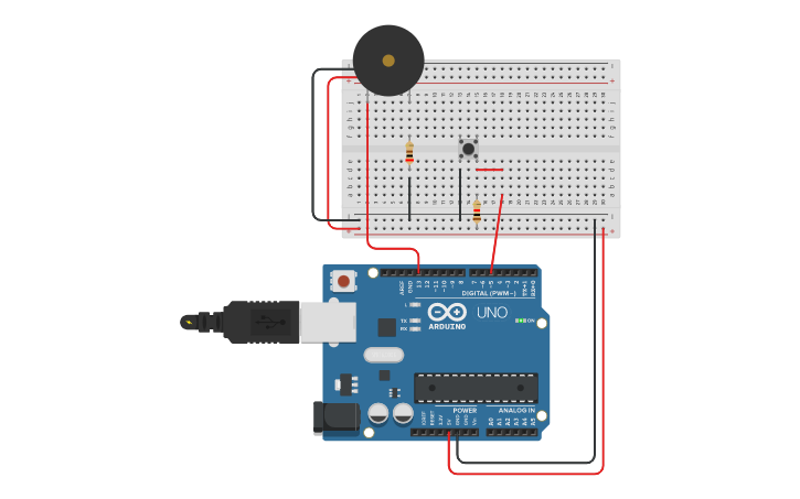 Circuit design push button + buzzer (piezo) - Tinkercad