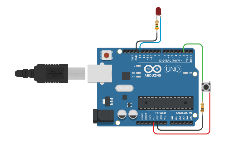 Circuit design led with push button controlled by Arduino - Tinkercad