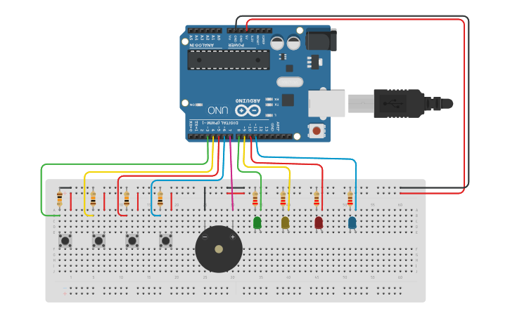 Circuit design Genius com 4 LED's - Tinkercad