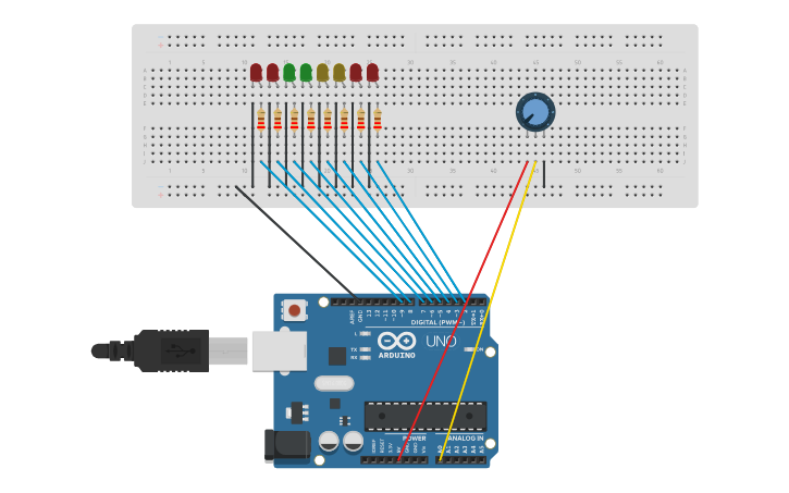 Circuit design LESSON 3: INTERACTIVE LED FLOWING LIGHTS - Tinkercad