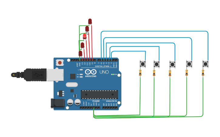 Circuit design 5 led with 5 push button - Tinkercad