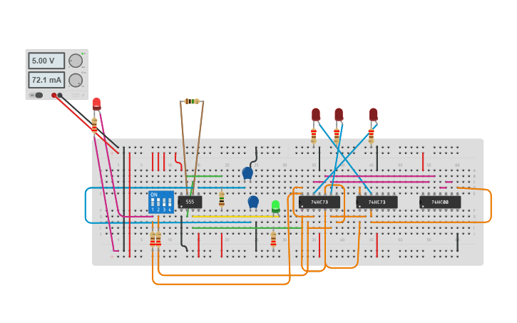 Circuit design 3-bit SYNCHRONOUS up counter - Tinkercad