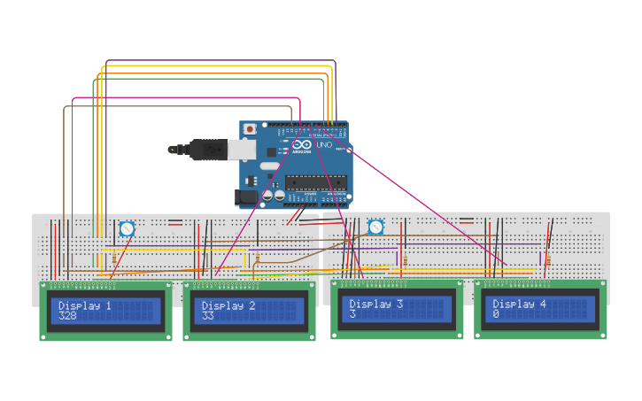 Circuit design Four LCDs and one Arduino - Tinkercad