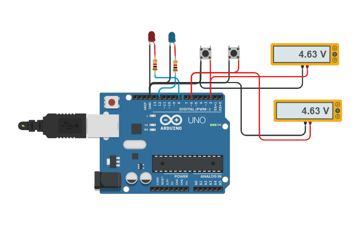 Circuit design 2 LED dan PB - Tinkercad