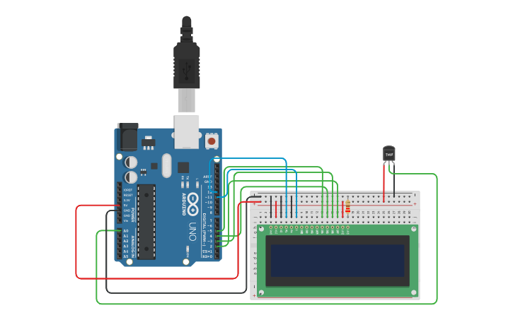 Circuit design Sensor de temperatura + pantalla LCD - Tinkercad