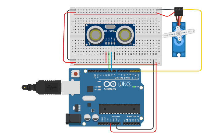 Circuit design ULTRASONIC SENSOR AND SERVO MOTOR - Tinkercad