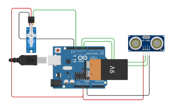 Circuit design servo and ultrasonic - Tinkercad
