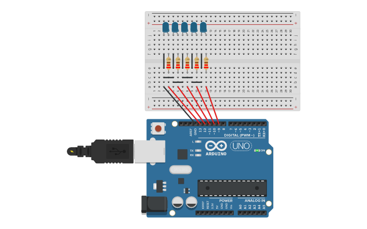 Circuit design LED binary counter - Tinkercad