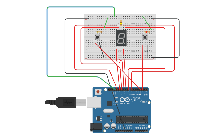 Circuit design 7 Segmentos con pulsador sumar y restar - Tinkercad