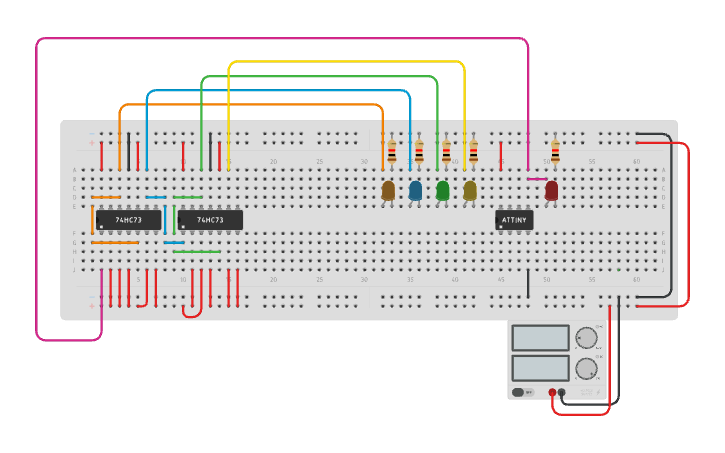 Circuit design 4-bit Asynchronous Up Counter - Tinkercad