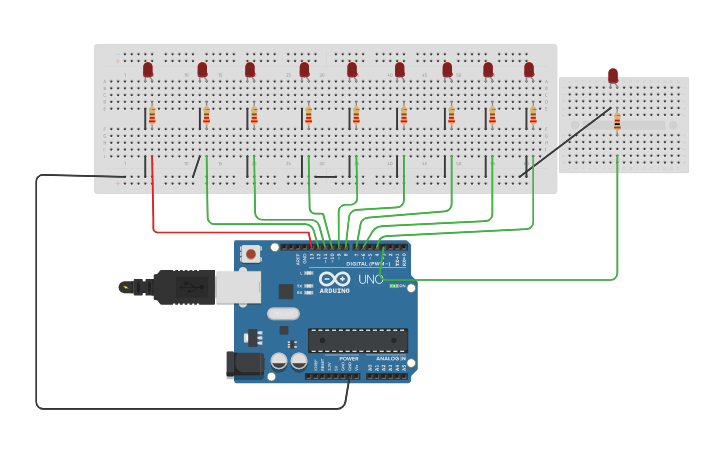 Circuit design 10 leds blinking - Tinkercad