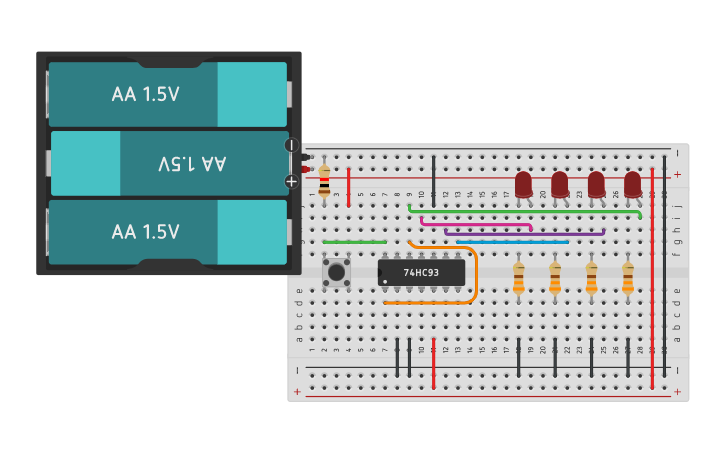 Circuit design 4 Bit Binary Counter - Tinkercad