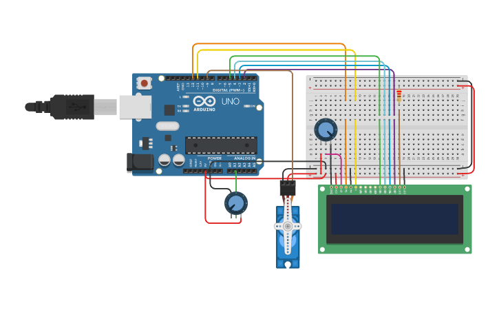 Circuit design Controlling Servo using potentiometer with LCD - Tinkercad