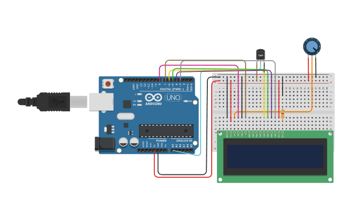 Circuit design Thermometer using LM35 and LCD - Tinkercad