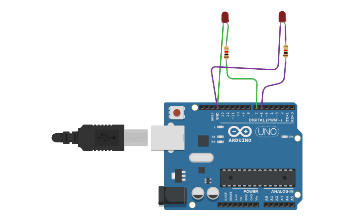 Circuit design Double LED blink - Tinkercad