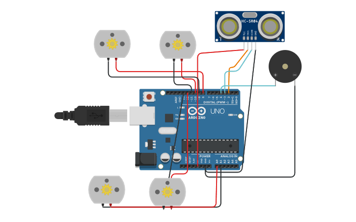 Circuit design Distance detector + rotor + buzzer circuit - Tinkercad
