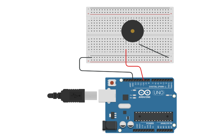 Circuit design Arduino buzzer and breadboard - Tinkercad