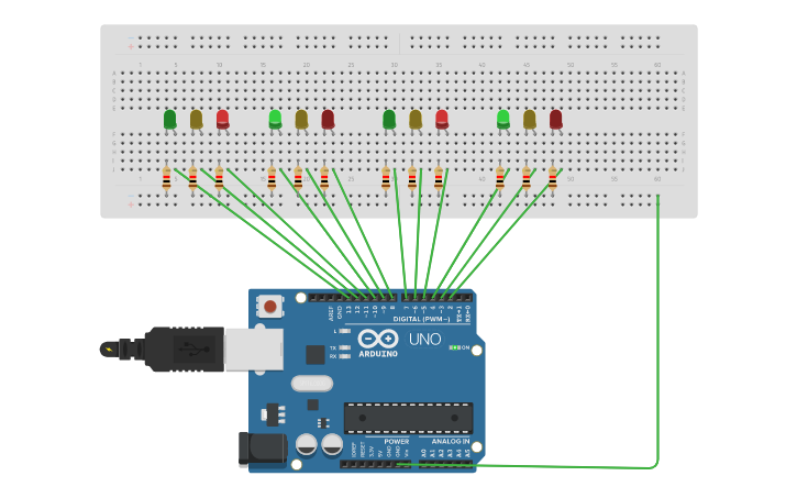 Circuit design Four way traffic light - Tinkercad