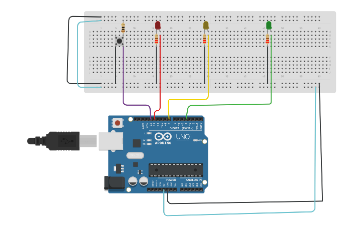 Circuit design Encendido y apagado de leds con pulsador - Tinkercad